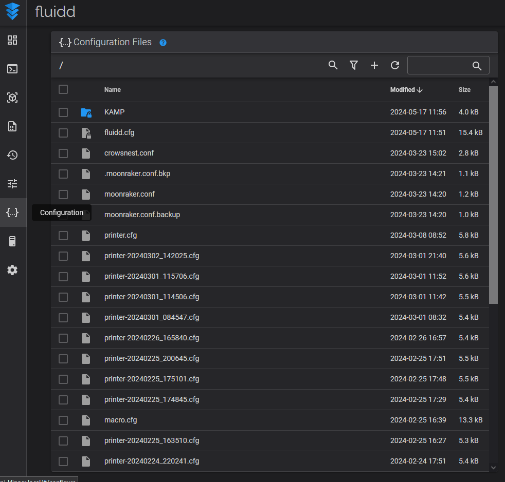 screenshot of Fluidd config menu