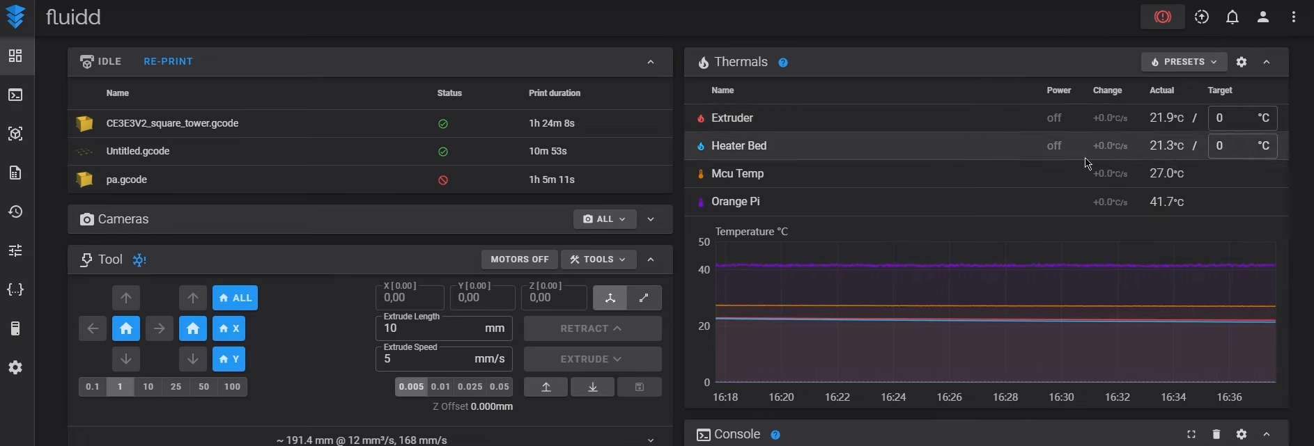 screenshot of Fluidd home menu