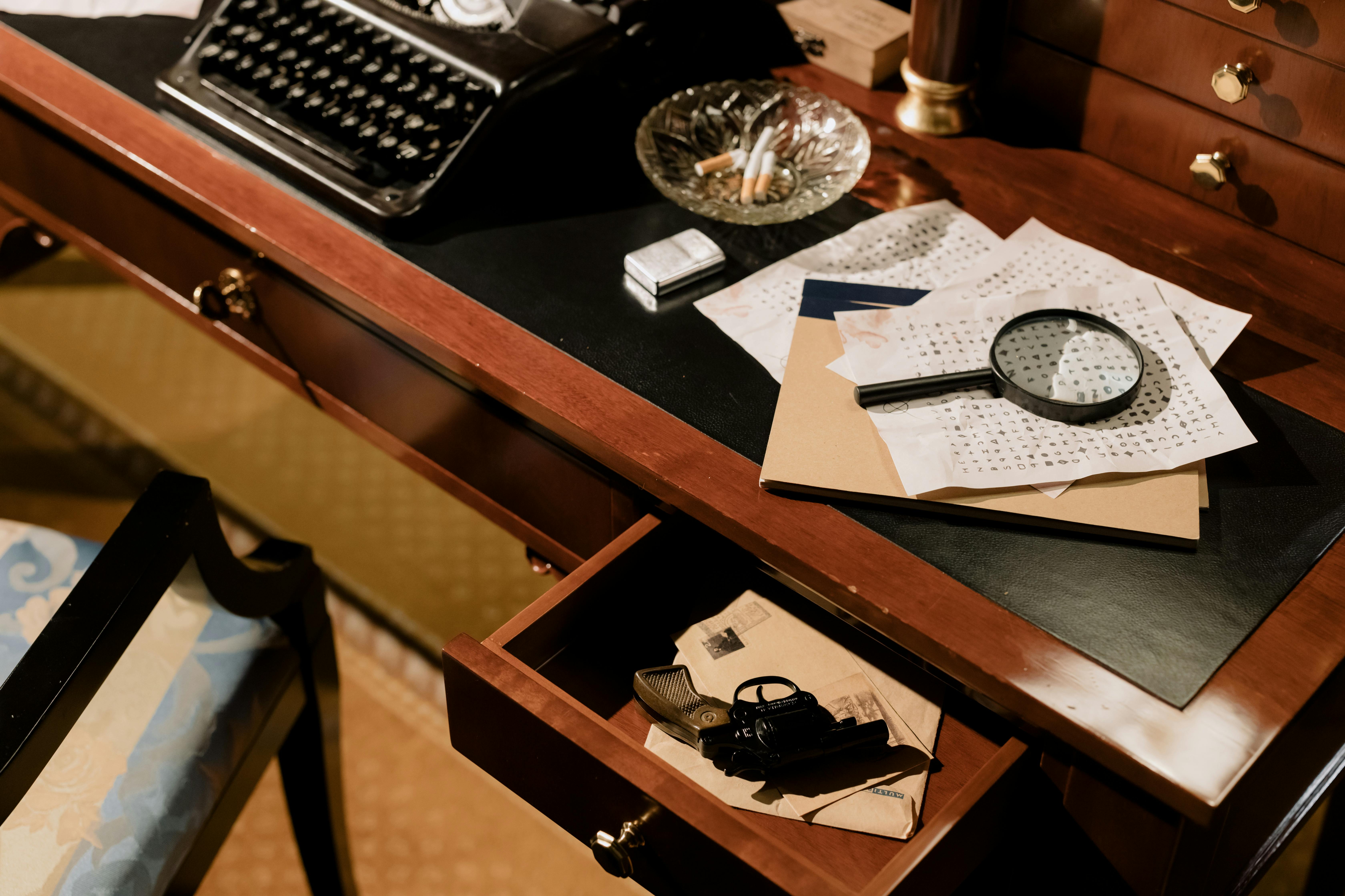 an image of a desk with papers and a magnifying glass